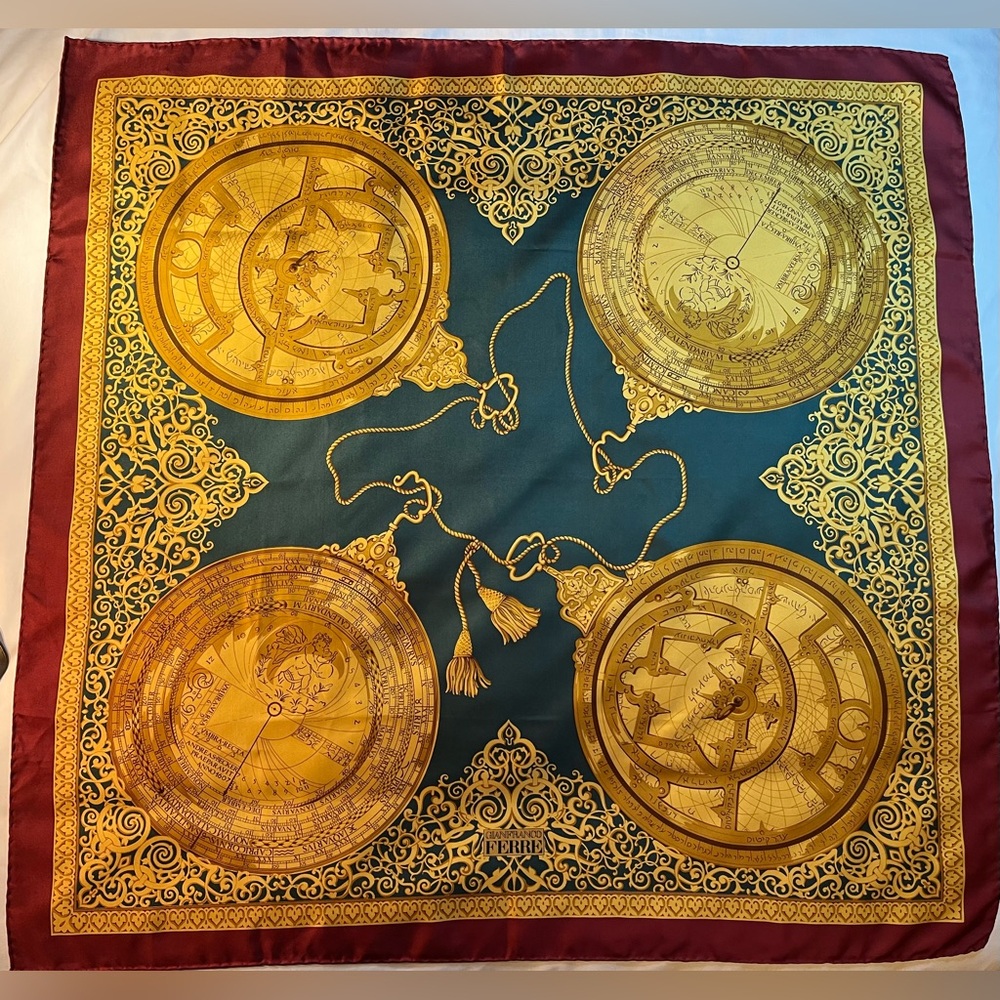 Vintage Gianfranco Ferre Silk Scarf Golden Astronomy Calendar hand rolled 34x34 - Picture 2 of 10
